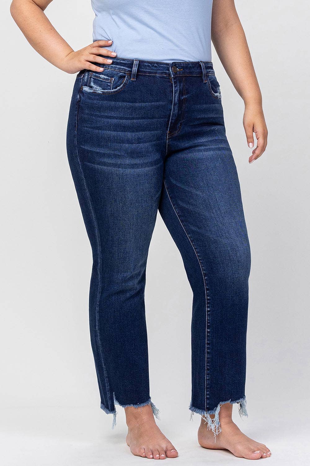 HIGH RISE DISTRESSED HEM KICK FLARE JEANS: PLUS