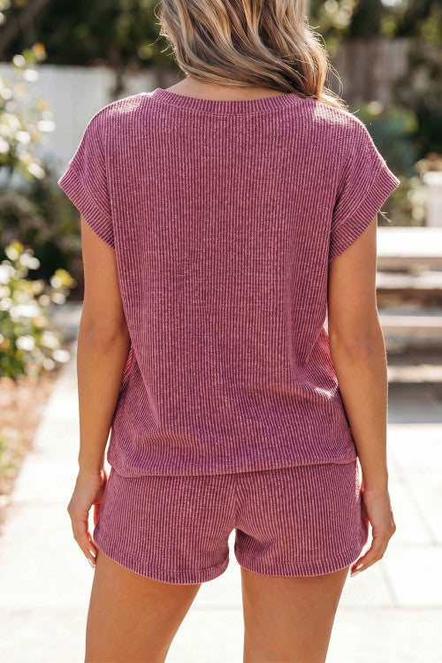 BURGUNDY KNIT SHORT SET