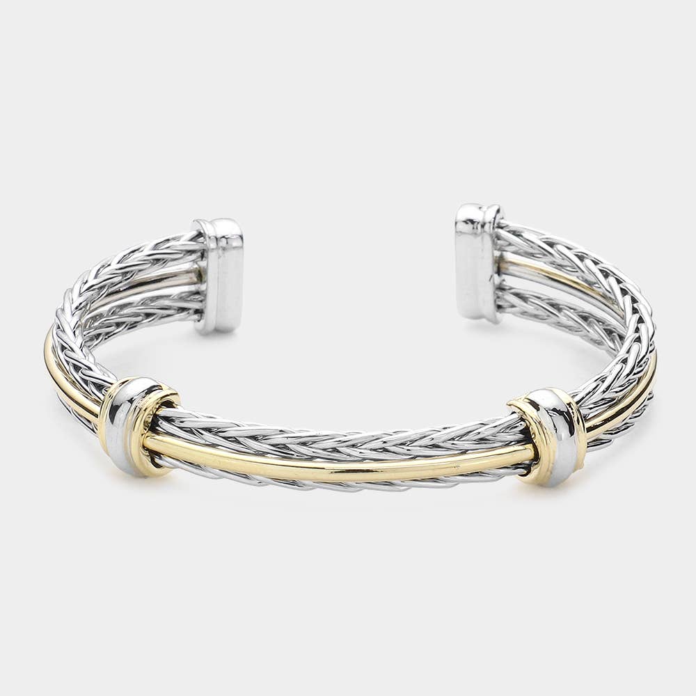 TWO TONE BRAIDED METAL CUFF BRACELET