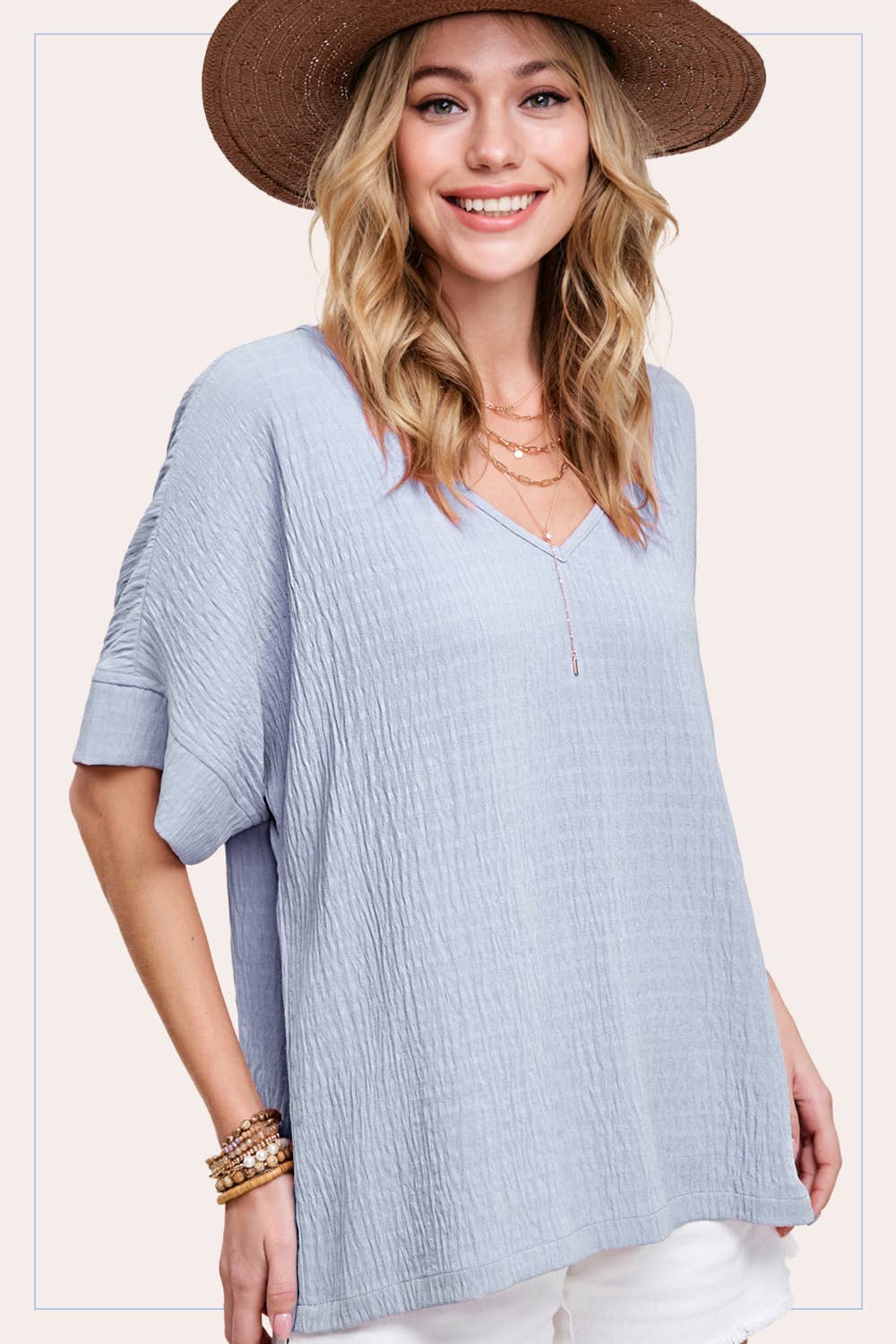 TEXTURED VNECK TOP: POWDER BLUE