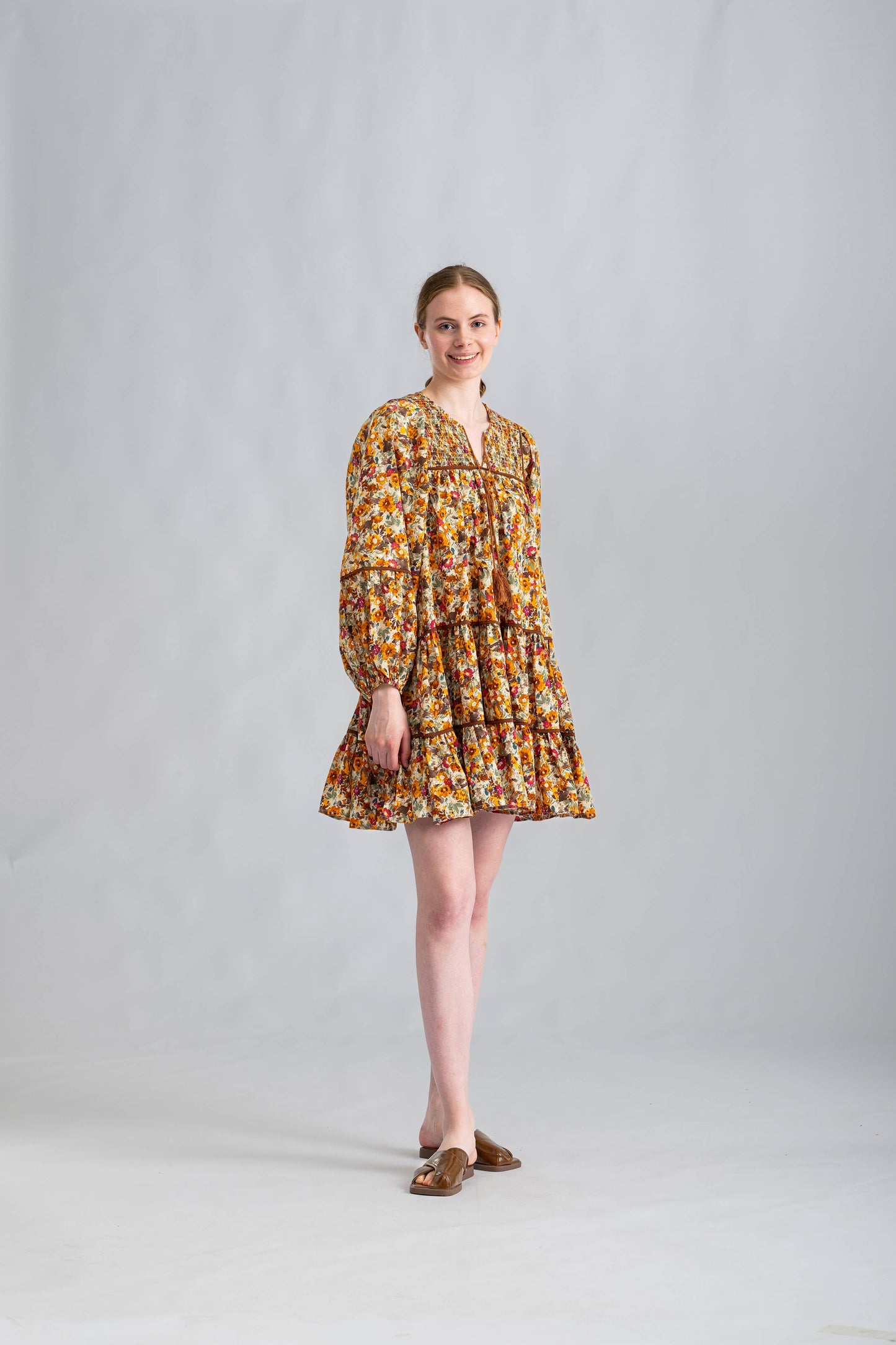 RUST FLORAL BALLOON SLEEVE DRESS