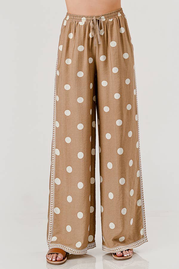 DRAWSTRING POLKA DOT PANT: TAUPE