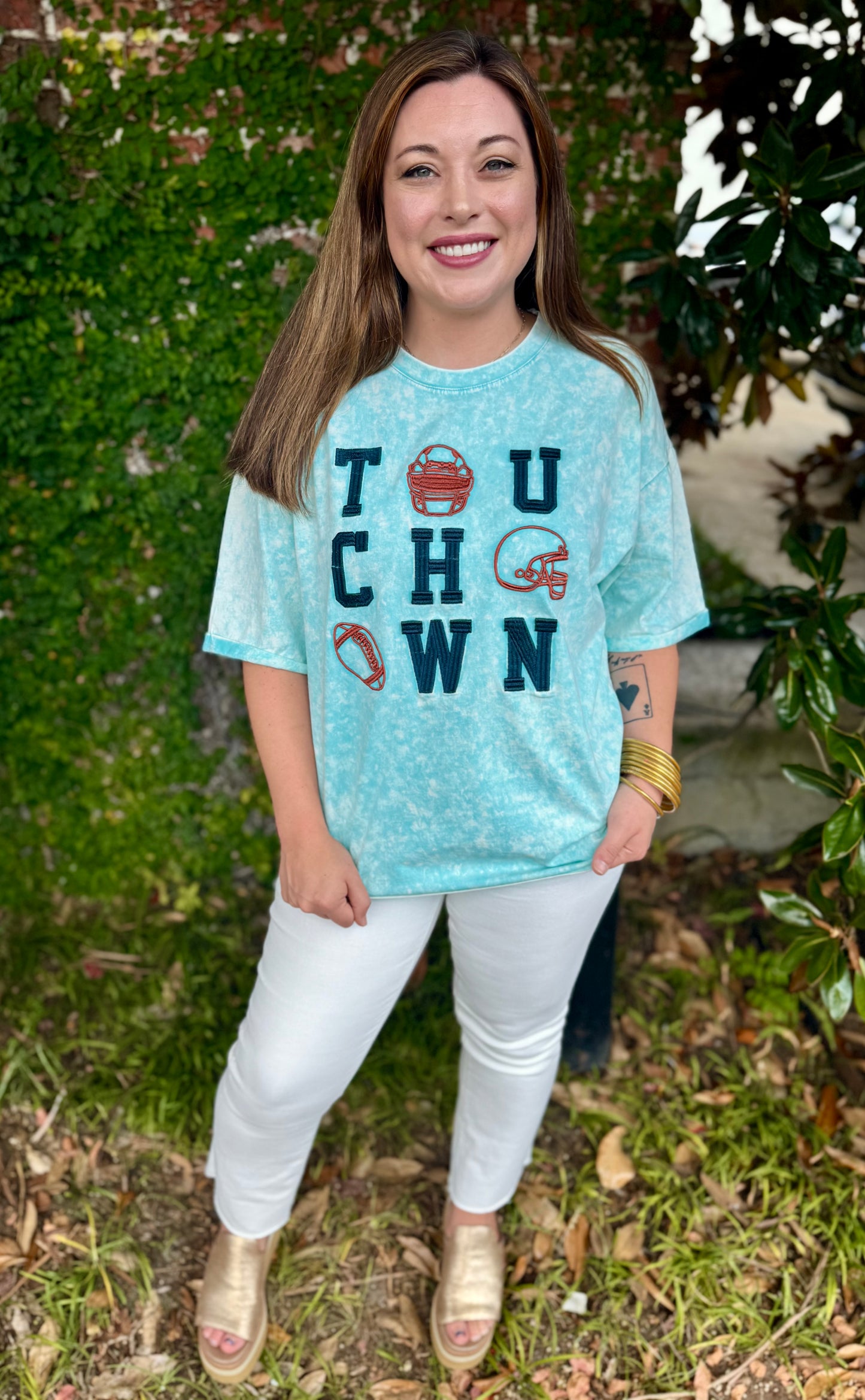 ACID WASH TOUCH DOWN SEQUIN TEE: TURQUOISE