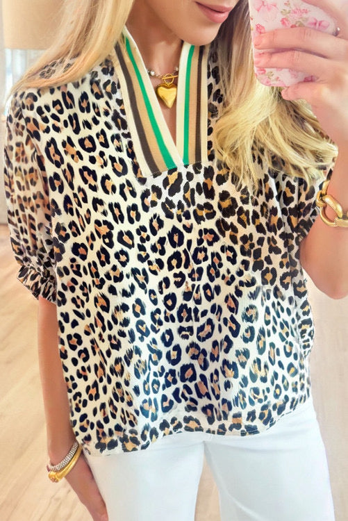 LEOPARD GREEN VNECK TOP