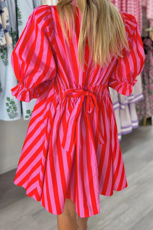 HOT PINK STRIPE PUFF SLEEVE DRESS