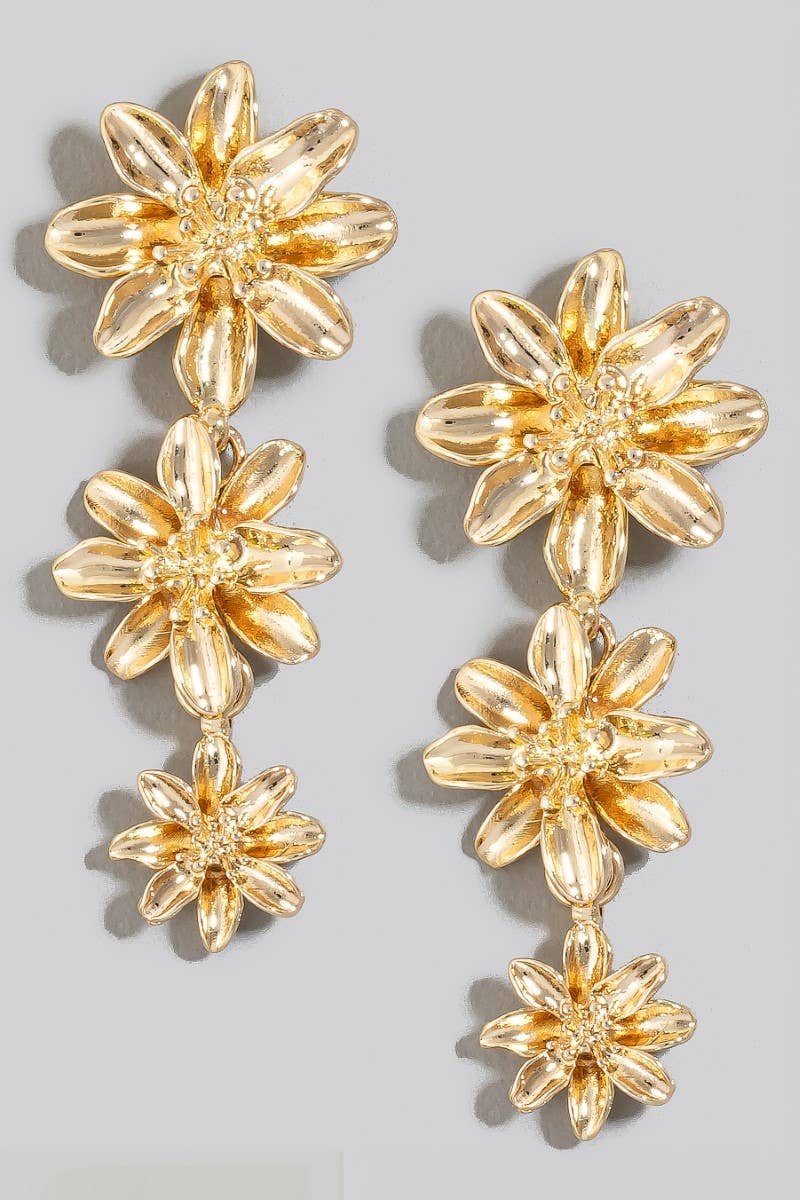 TRIPLE FLOWER DANGLE CHAIN EARRINGS: GOLD