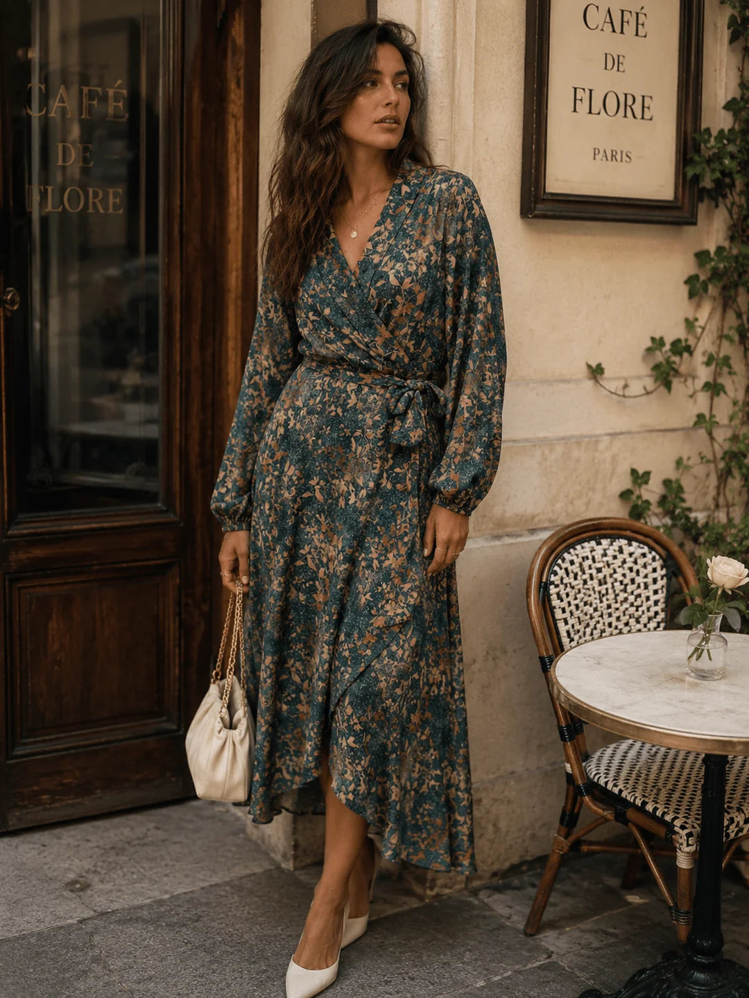 EMERALD GOLD VNECK WRAP DRESS