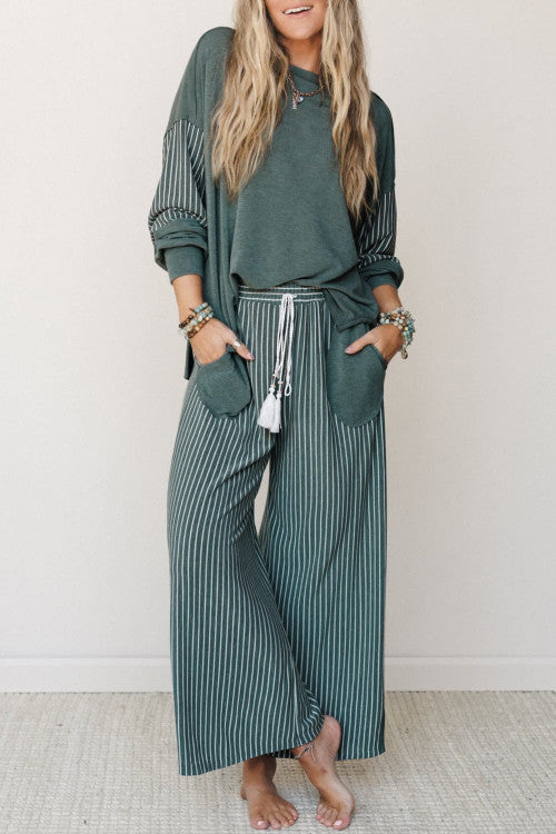 STRIPE KNIT PANT SET: GREEN