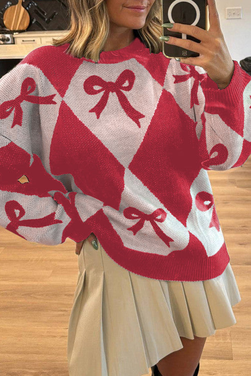 RED WHITE DIAMOND BOW SWEATER