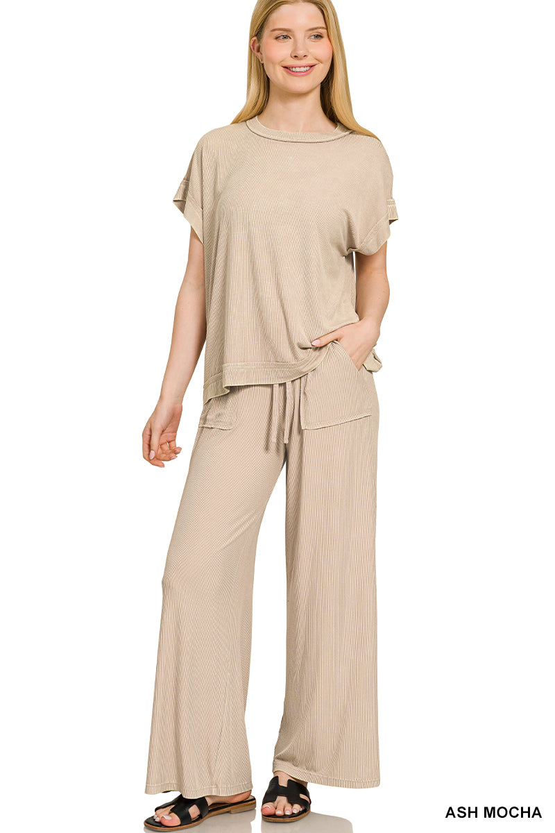 RIBBED KNIT PANT SET: TAUPE