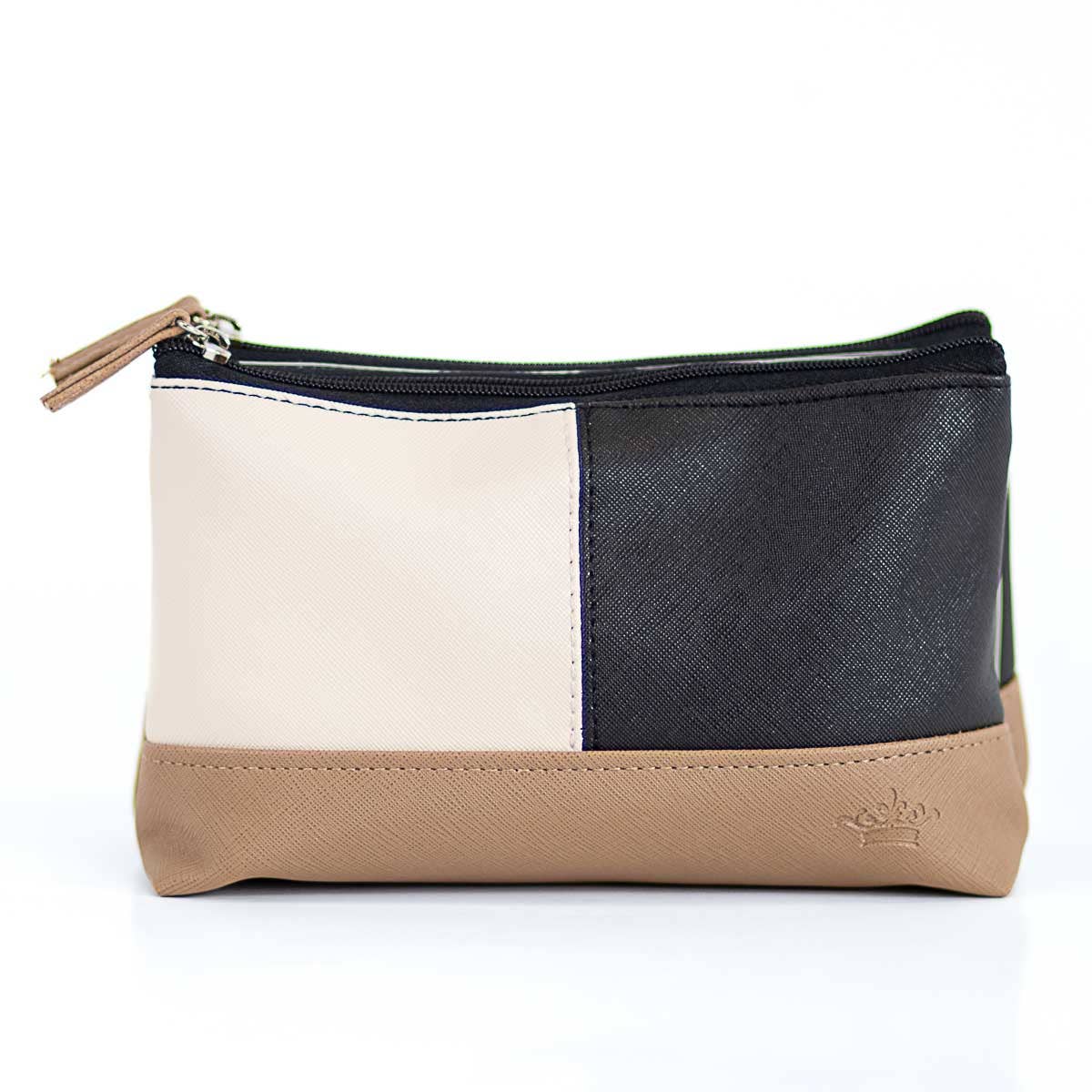 WHITE/BLK/TAUPE COSMETIC BAG- SMALL
