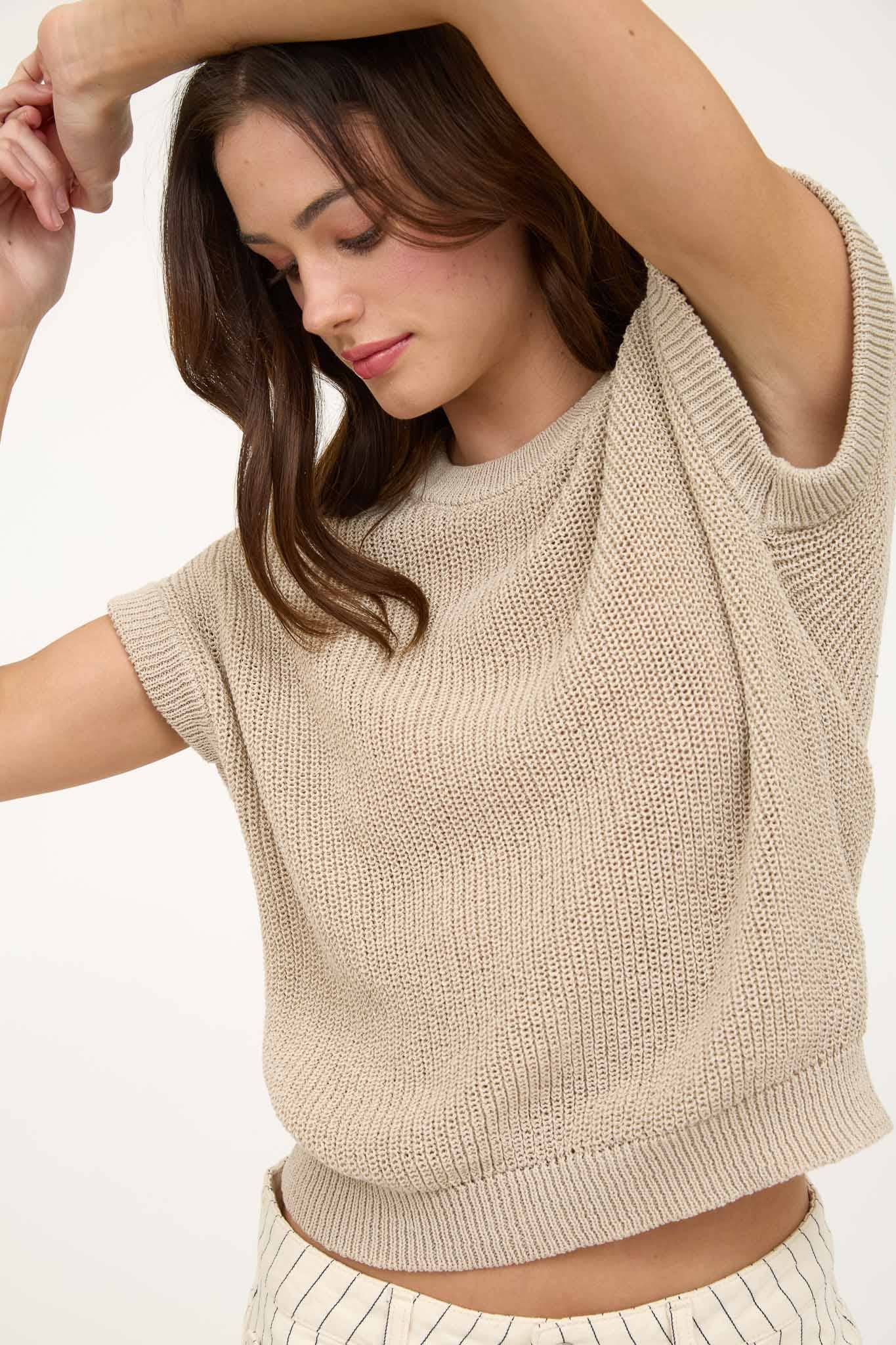 SHEER KNIT CREW NECK BATWING SWEATER TOP: LIGHT TAUPE