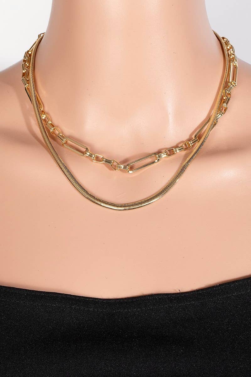 SNAKE AND OVAL LAYERED CHAIN NECKLACE: GOLD