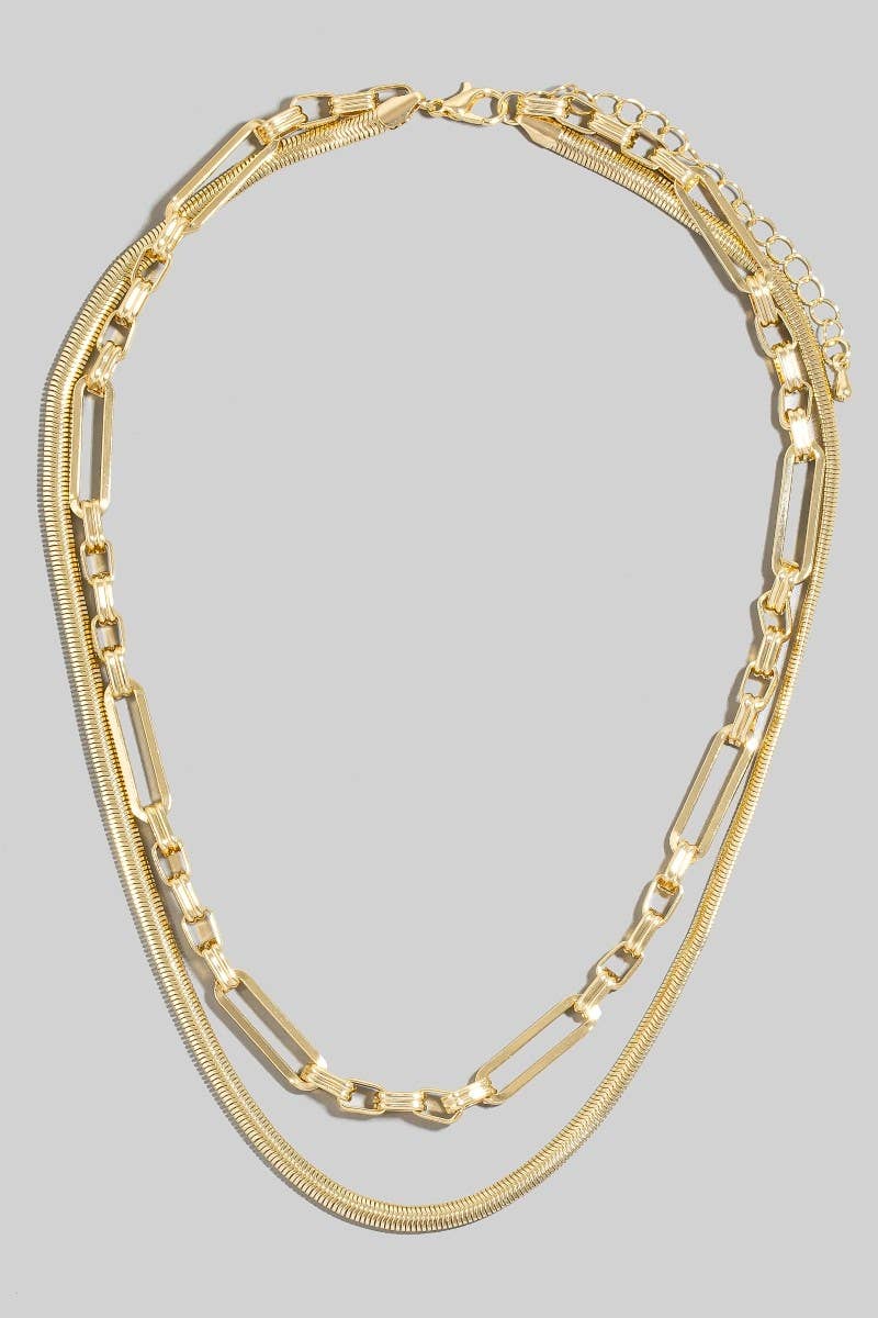 SNAKE AND OVAL LAYERED CHAIN NECKLACE: GOLD