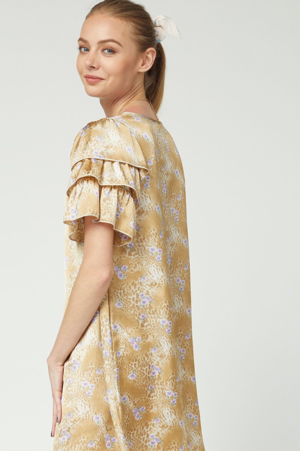 CHAMPAGNE SATIN FRILL SLEEVE DRESS