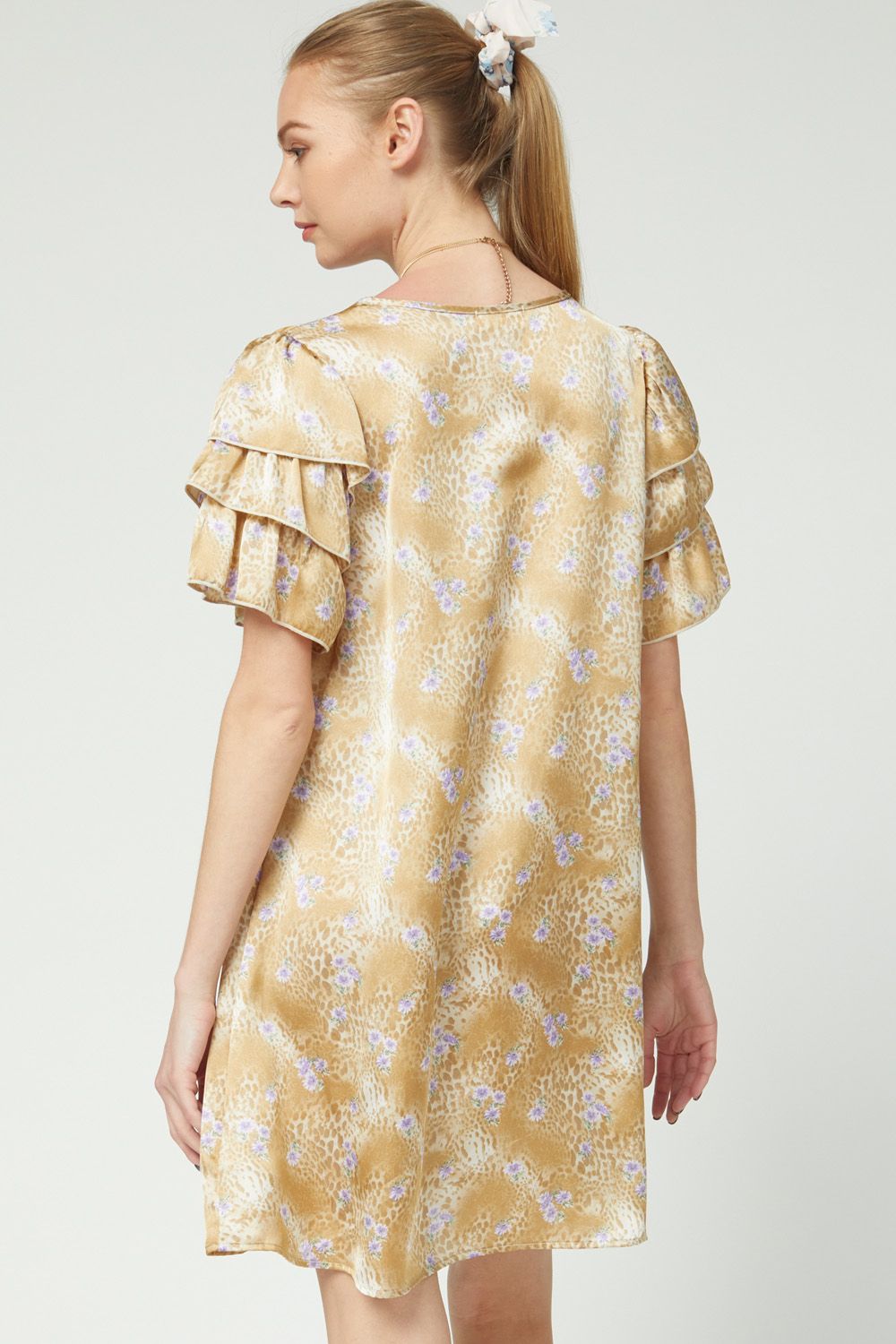 CHAMPAGNE SATIN FRILL SLEEVE DRESS