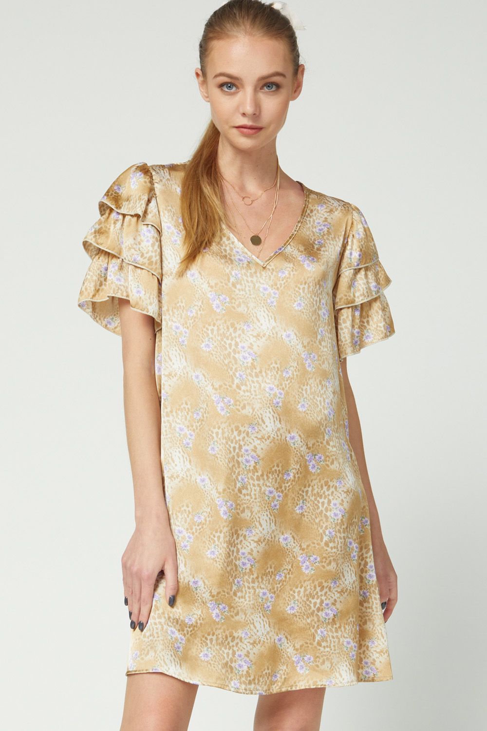 CHAMPAGNE SATIN FRILL SLEEVE DRESS