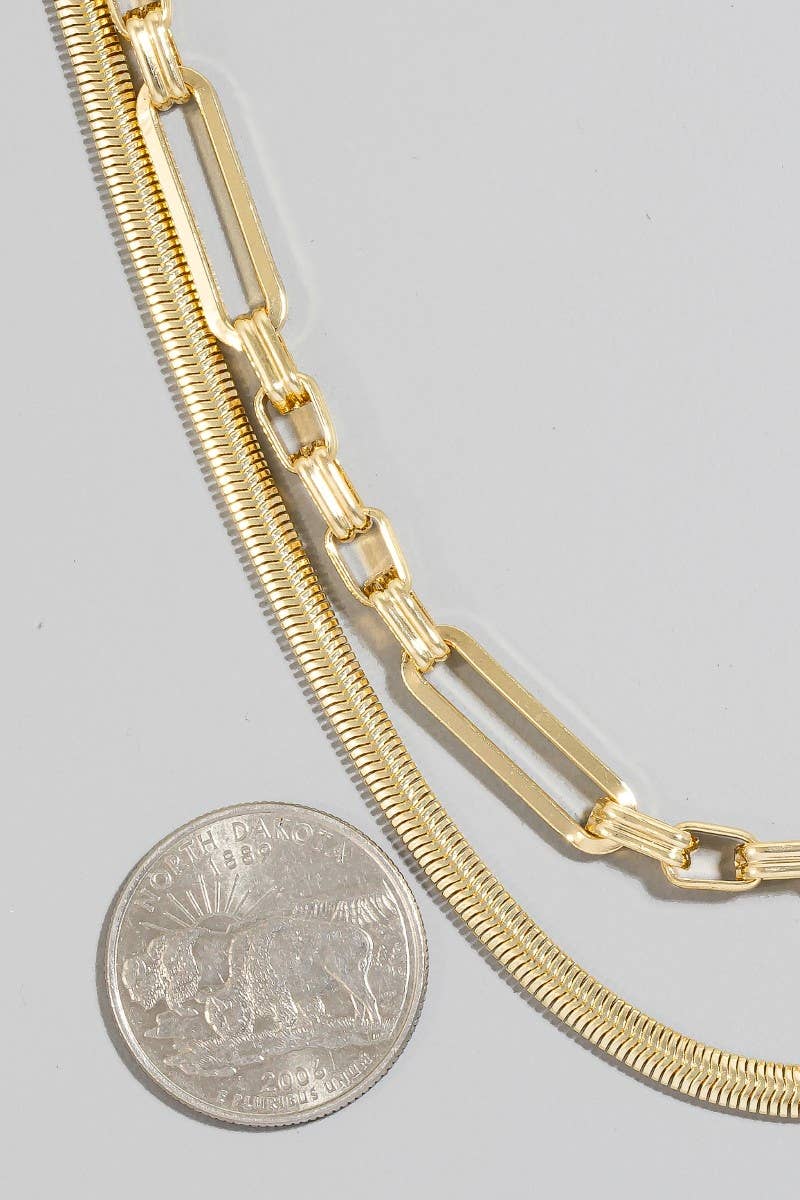 SNAKE AND OVAL LAYERED CHAIN NECKLACE: GOLD