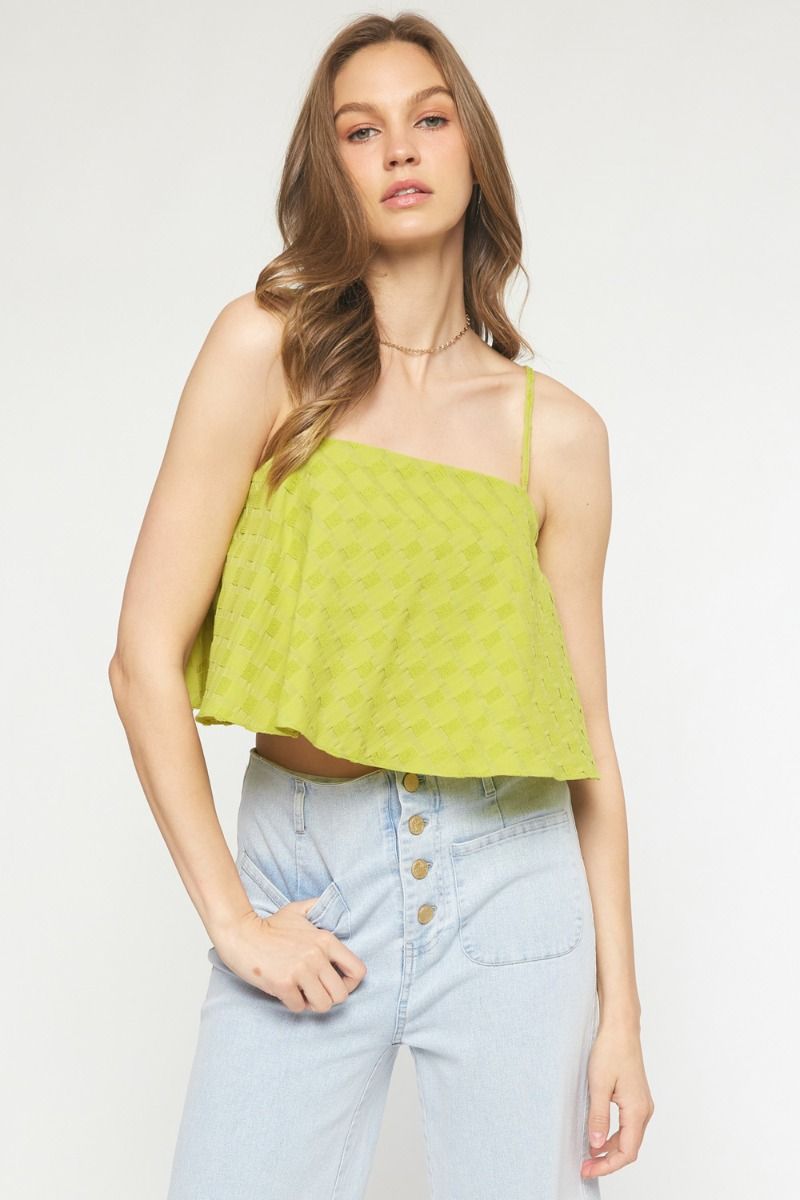 CHECKED CROP TANK: CHARTREUSE