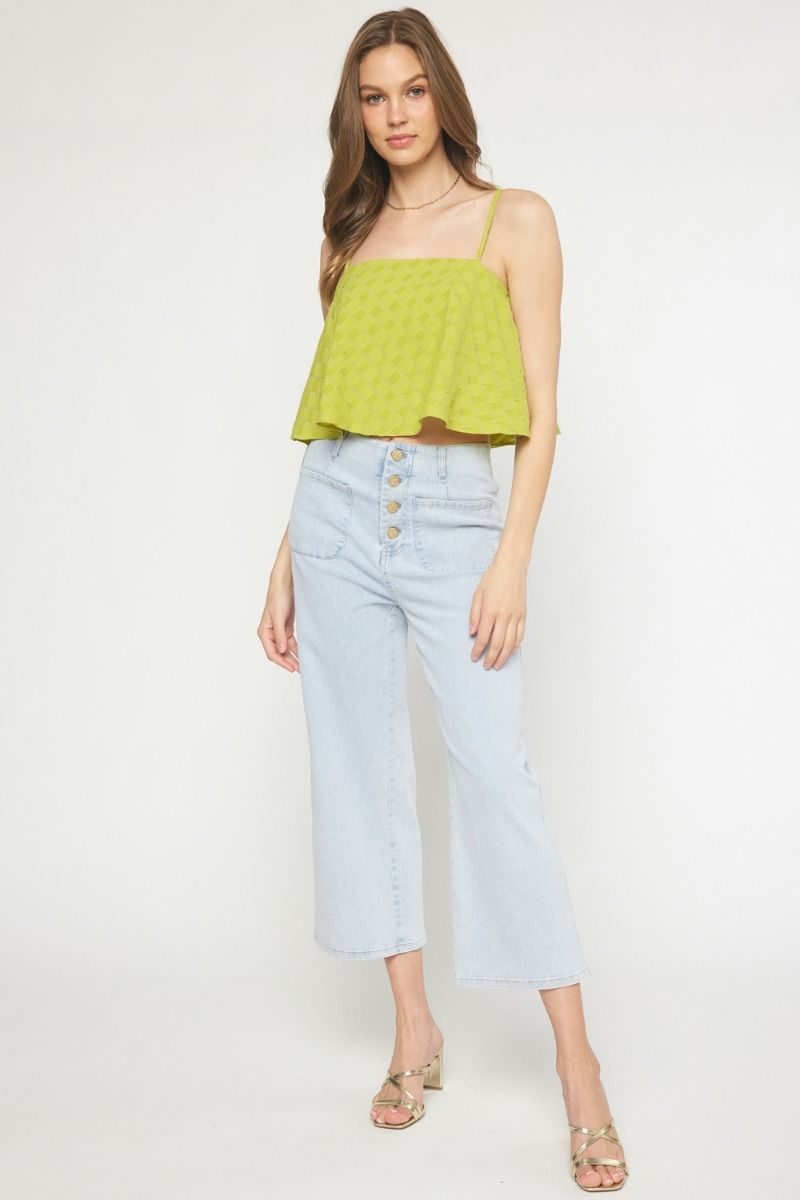 CHECKED CROP TANK: CHARTREUSE