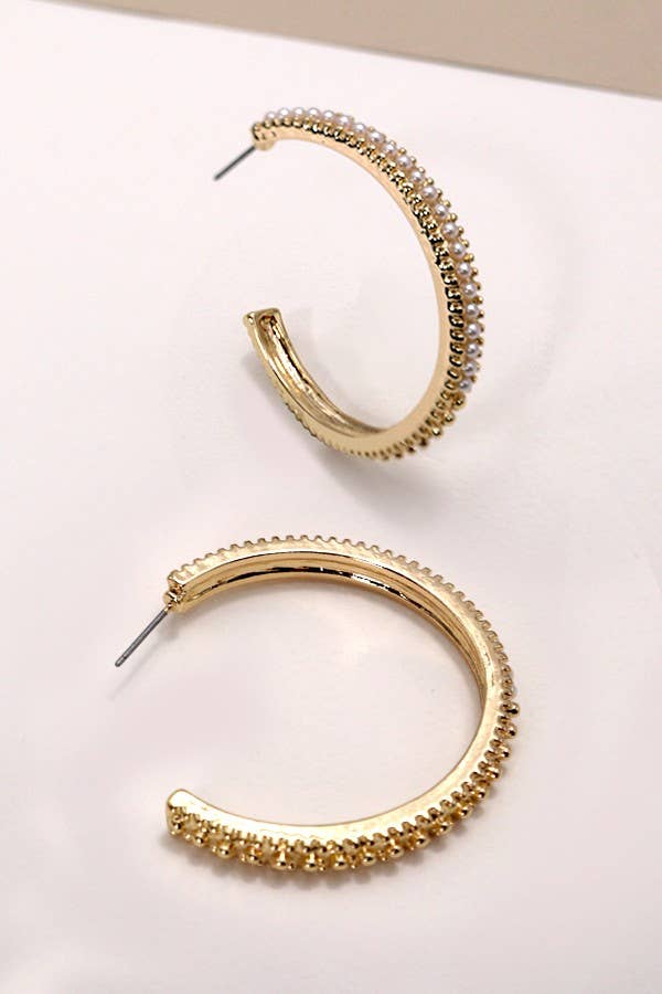 PEARL PAVE HOOP EARRINGS: GOLD