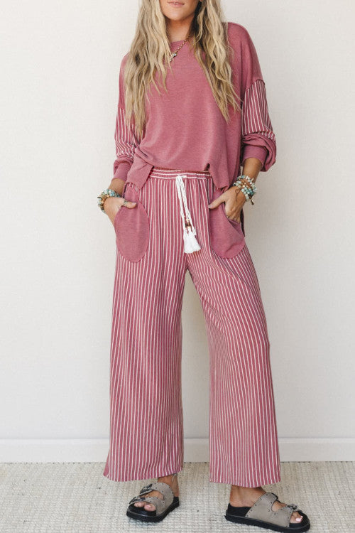 STRIPE KNIT PANT SET: BERRY