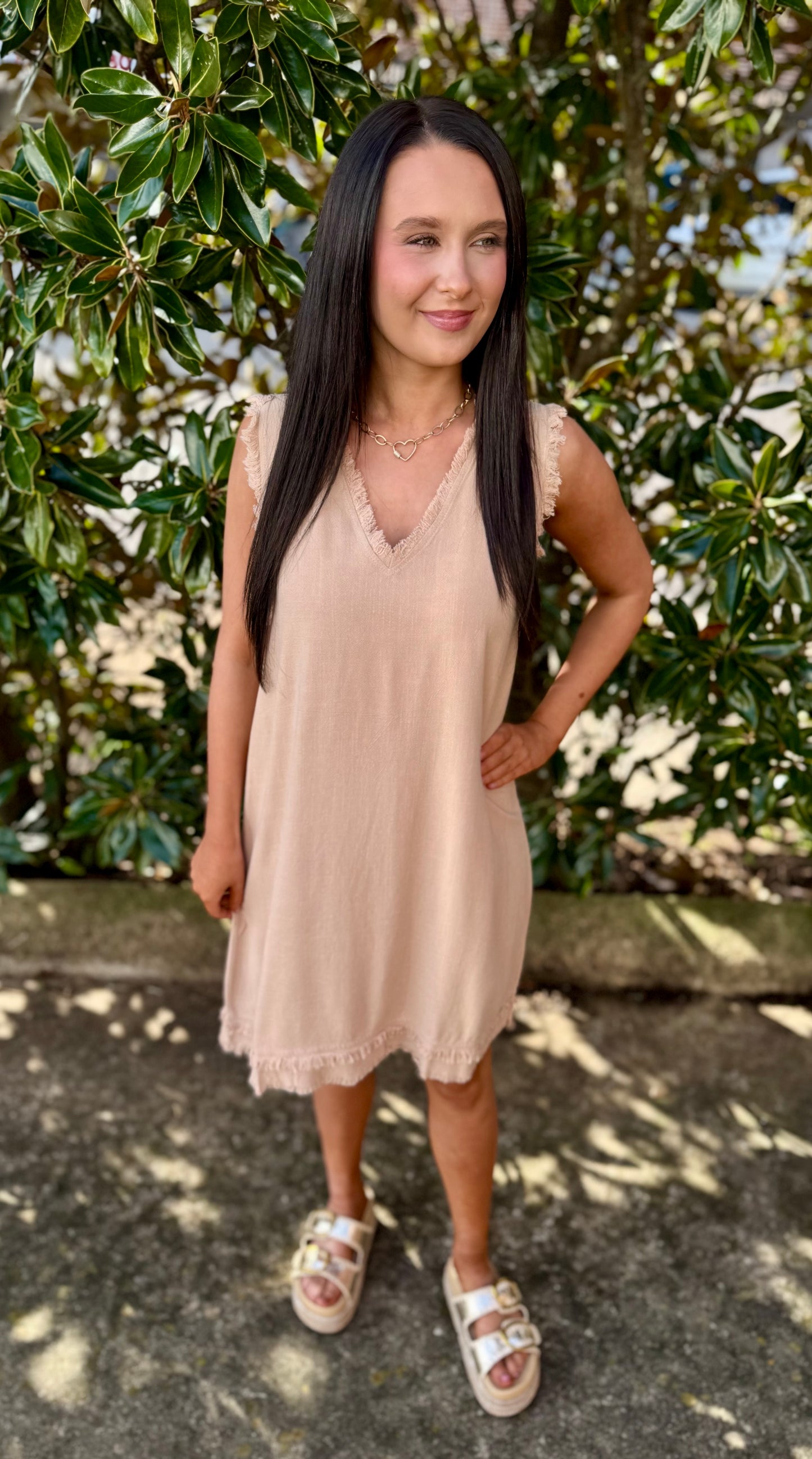 SOFT WASH VNECK DRESS: KHAKI