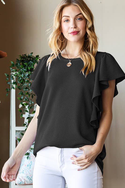 RUFFLED SLEEVE RIBBED TOP: BLACK