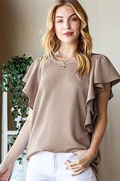 RUFFLED SLEEVE RIBBED TOP: COCO