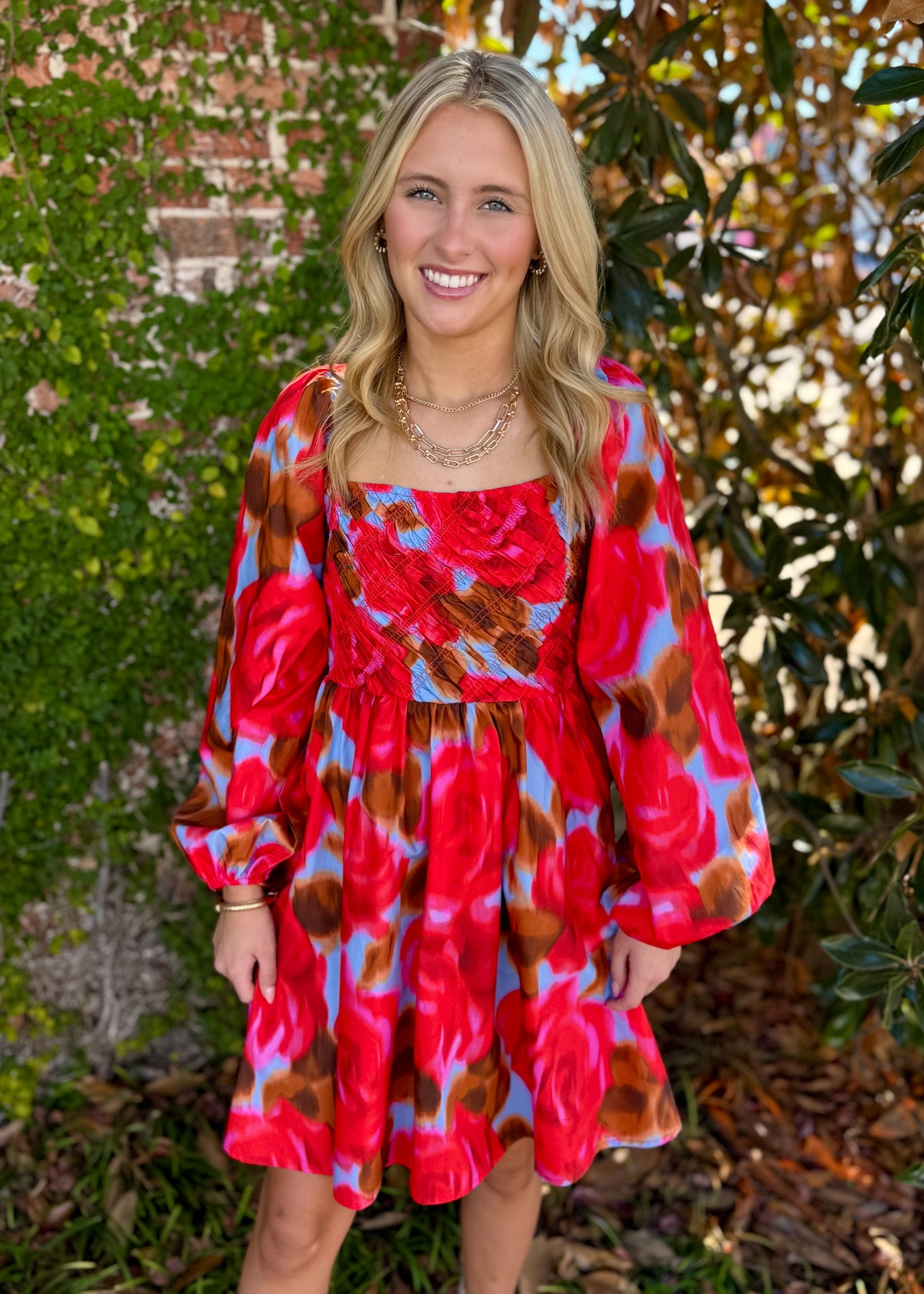 RED MULTI PUFF SLEEVE DRESS