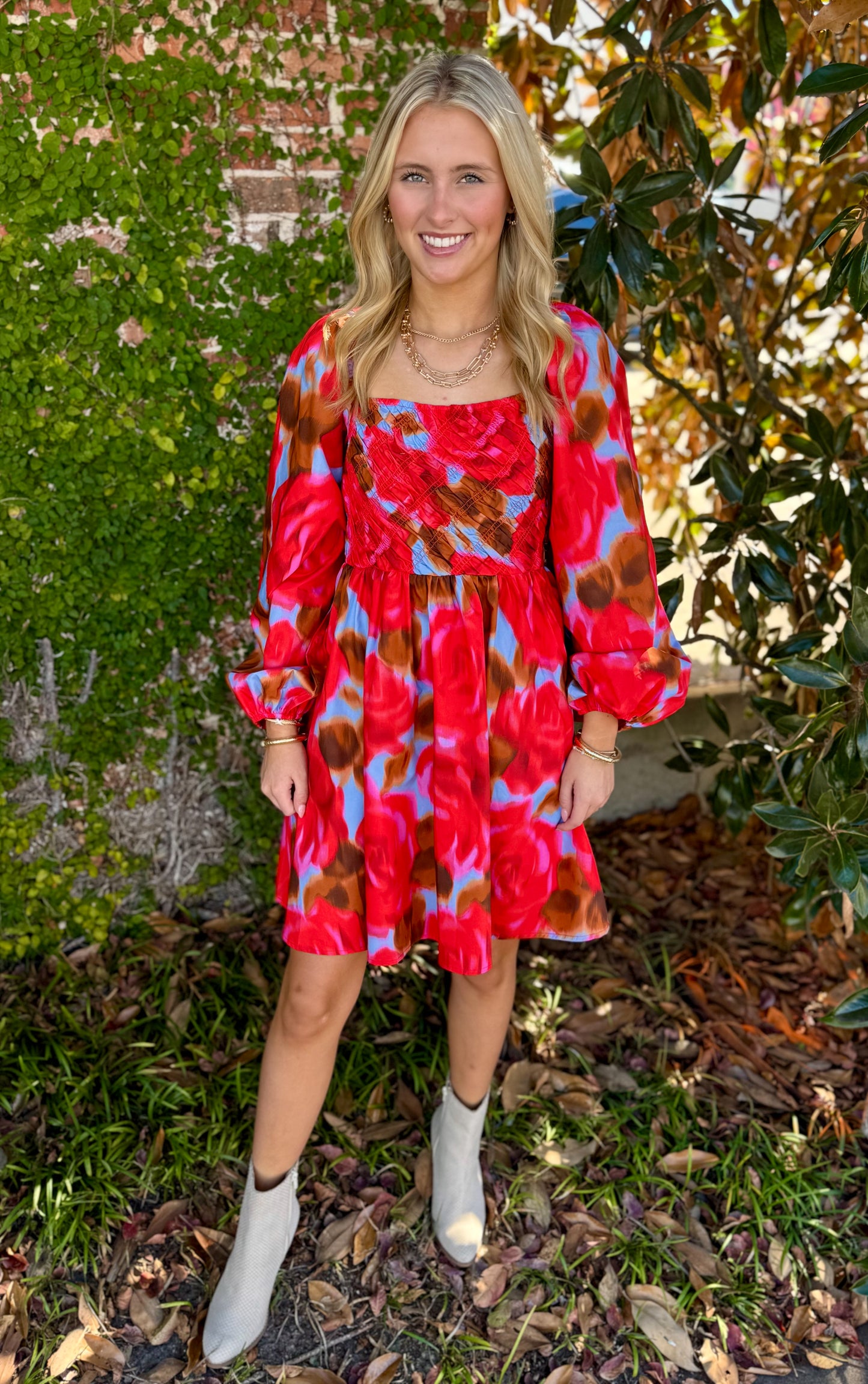 RED MULTI PUFF SLEEVE DRESS