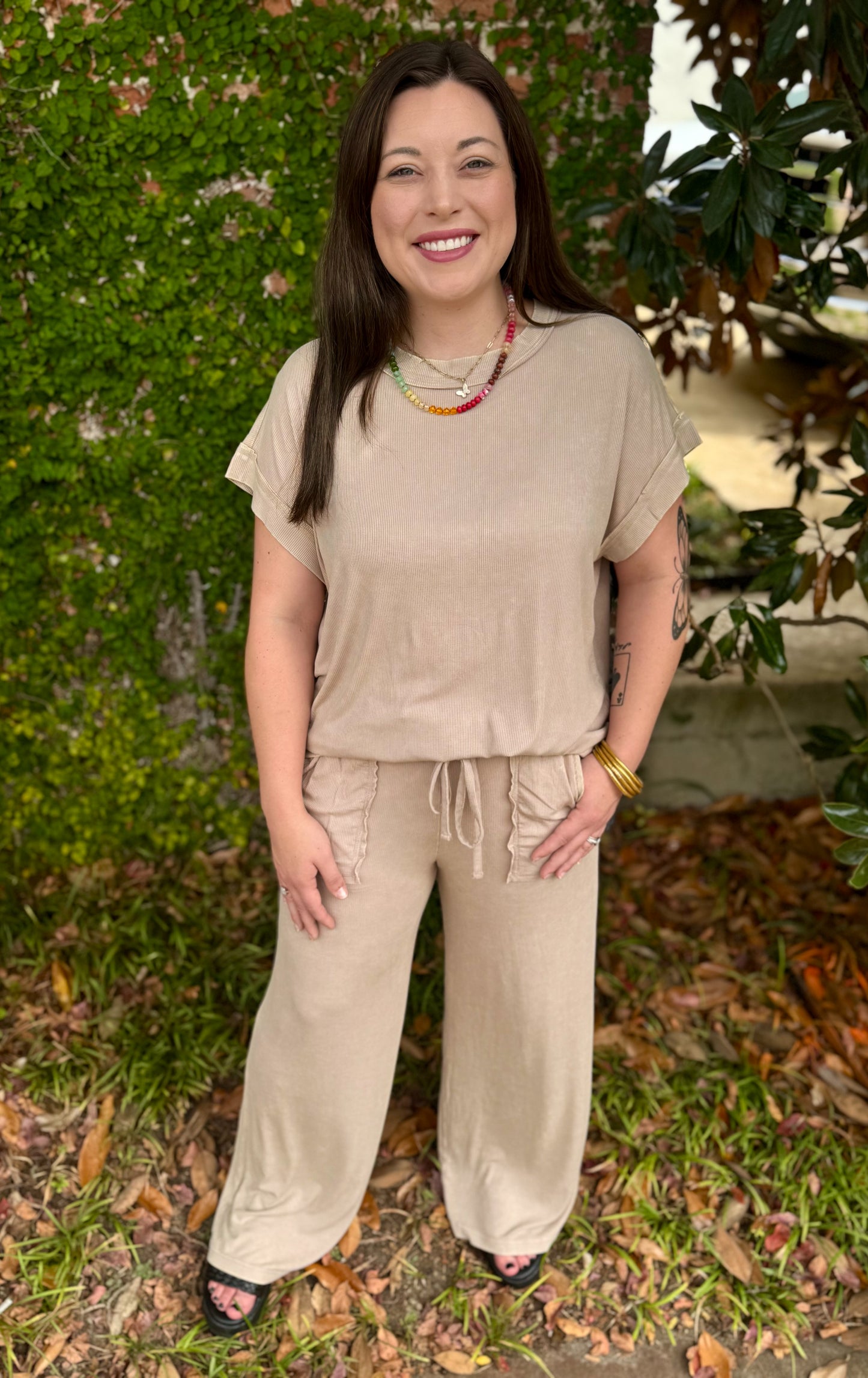 RIBBED KNIT PANT SET: TAUPE