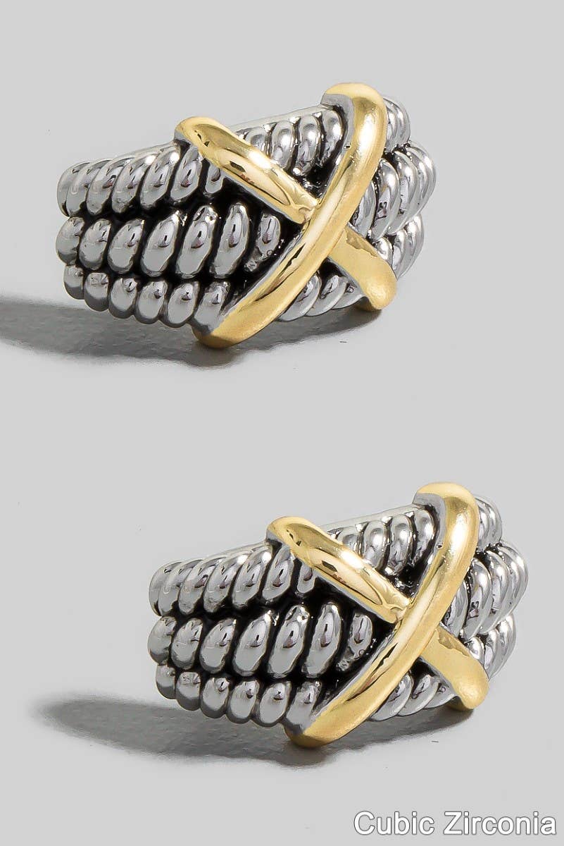 TWO TONE X HOOP EARRING