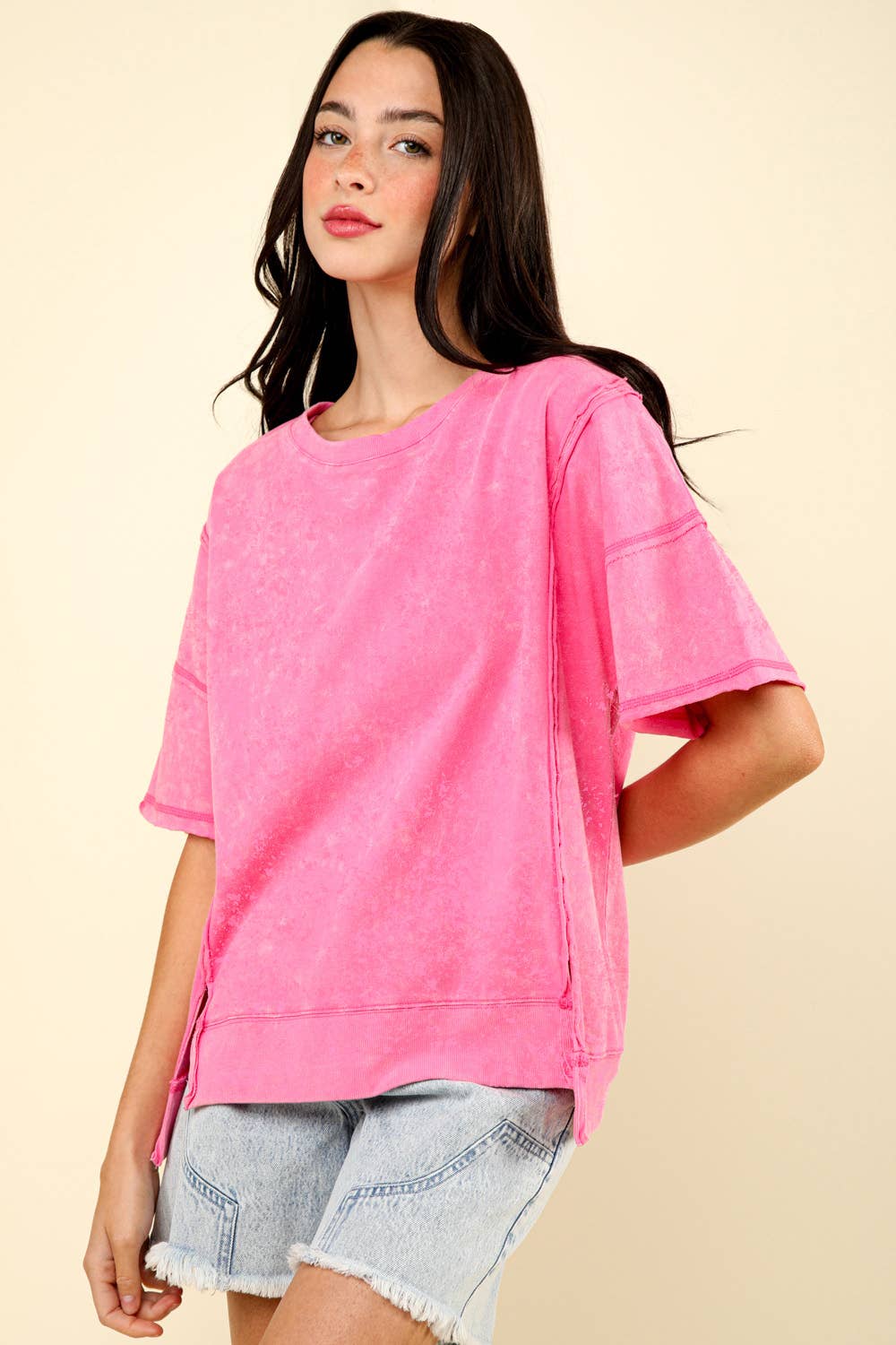 PLUS ROUND NECK WASHED TOP: BLACK