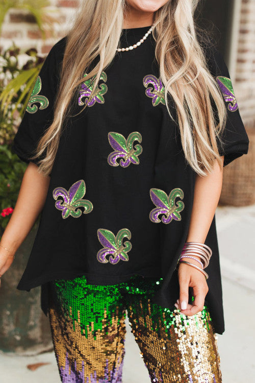 BLACK SEQUIN FLEUR DE LIS OVERSIZED TEE
