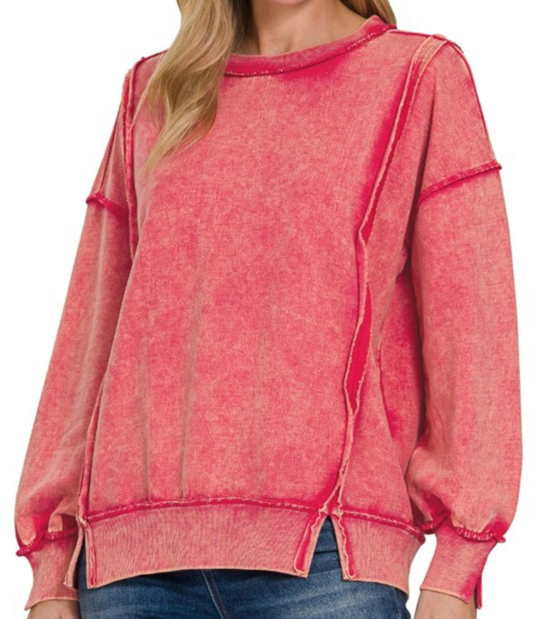 ACID WASH PULLOVER- FUCHSIA