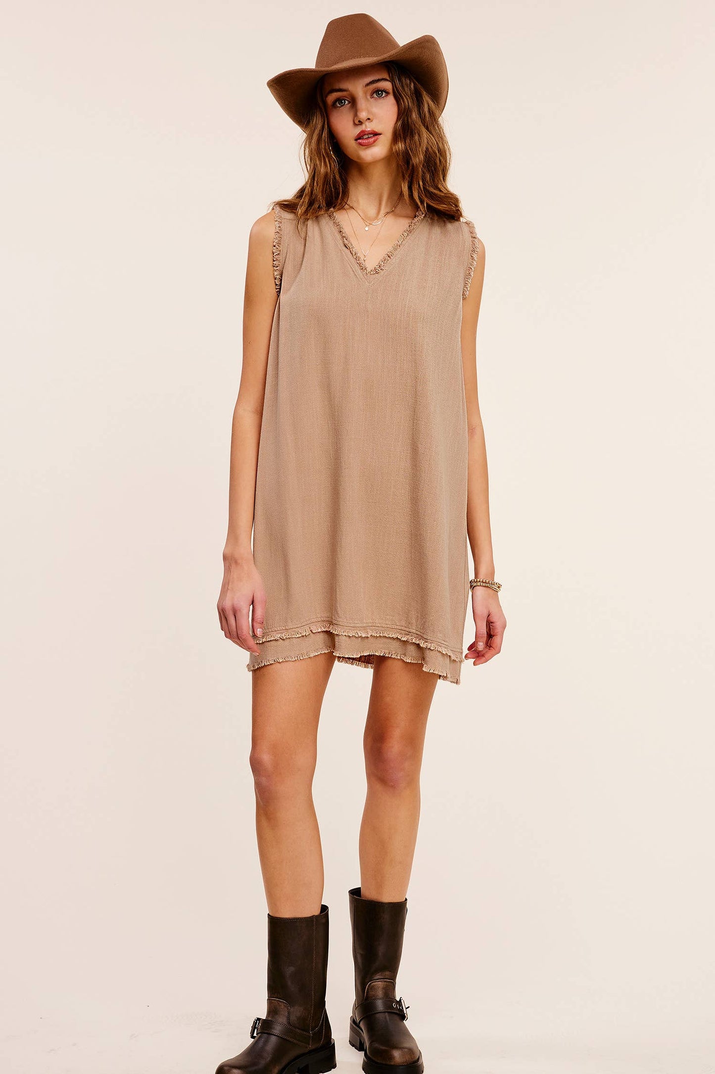 SOFT WASH VNECK DRESS: KHAKI