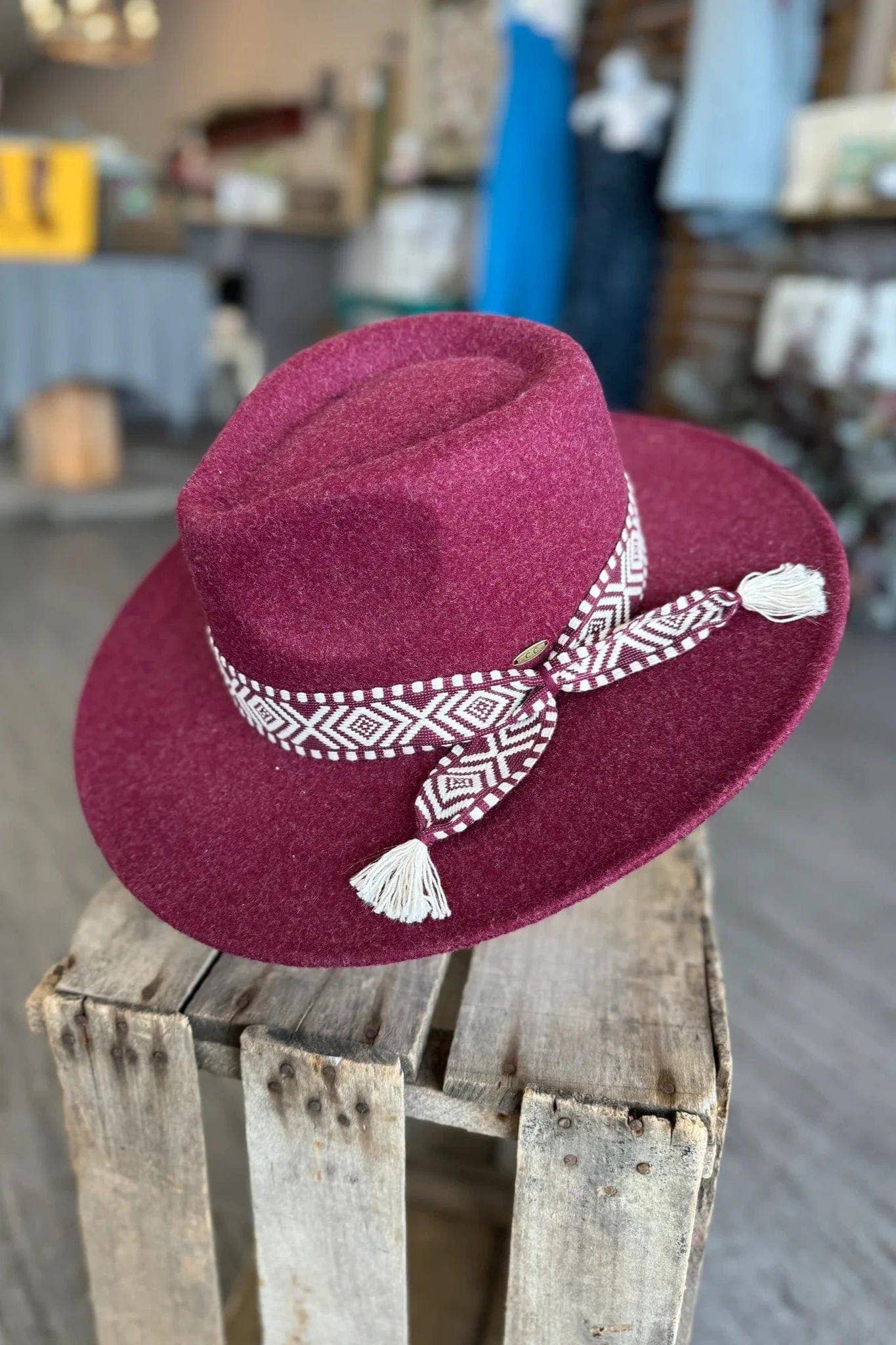 FELT PANAMA HAT W/ AZTEC TRIM: WINE