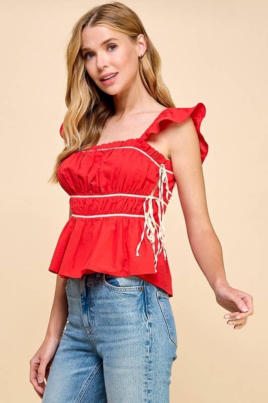 RUCHED RUFFLE STRAP TOP: RED