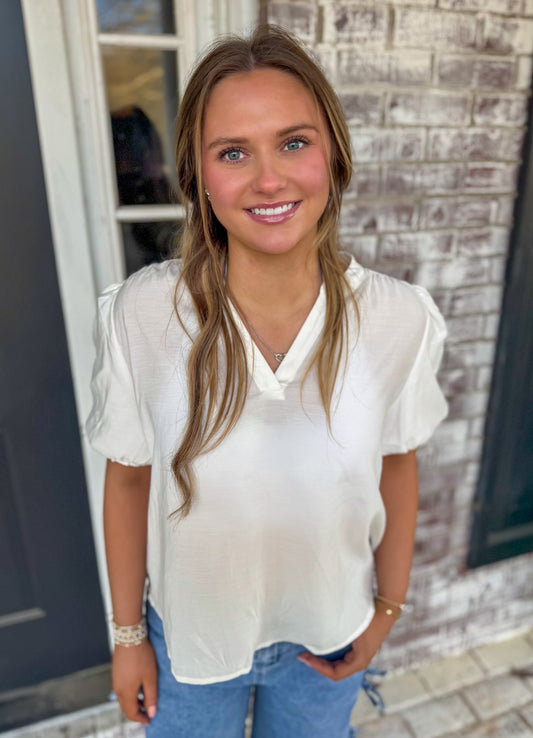 WHITE BUBBLE SLEEVE VNECK BLOUSE