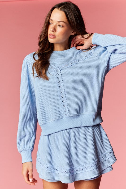 SKY BLUE WAFFLE KNIT SKORT SET