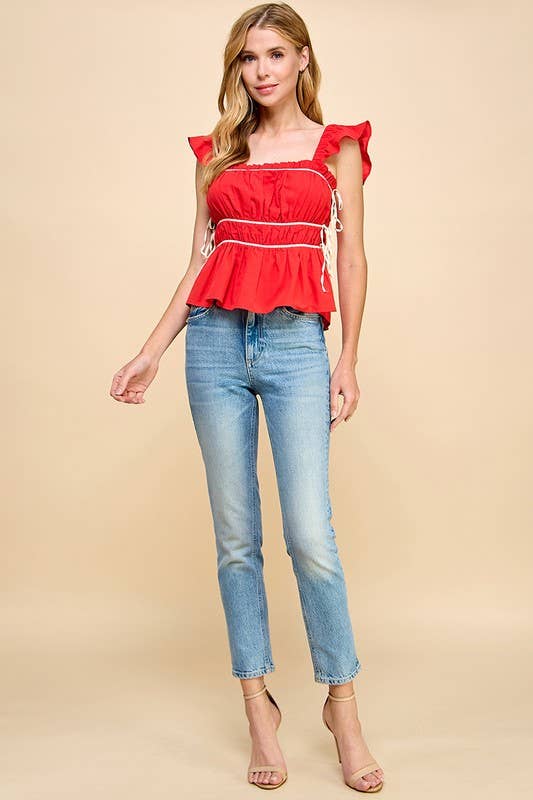 RUCHED RUFFLE STRAP TOP: RED