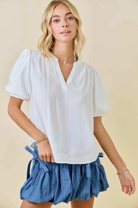 WHITE BUBBLE SLEEVE VNECK BLOUSE