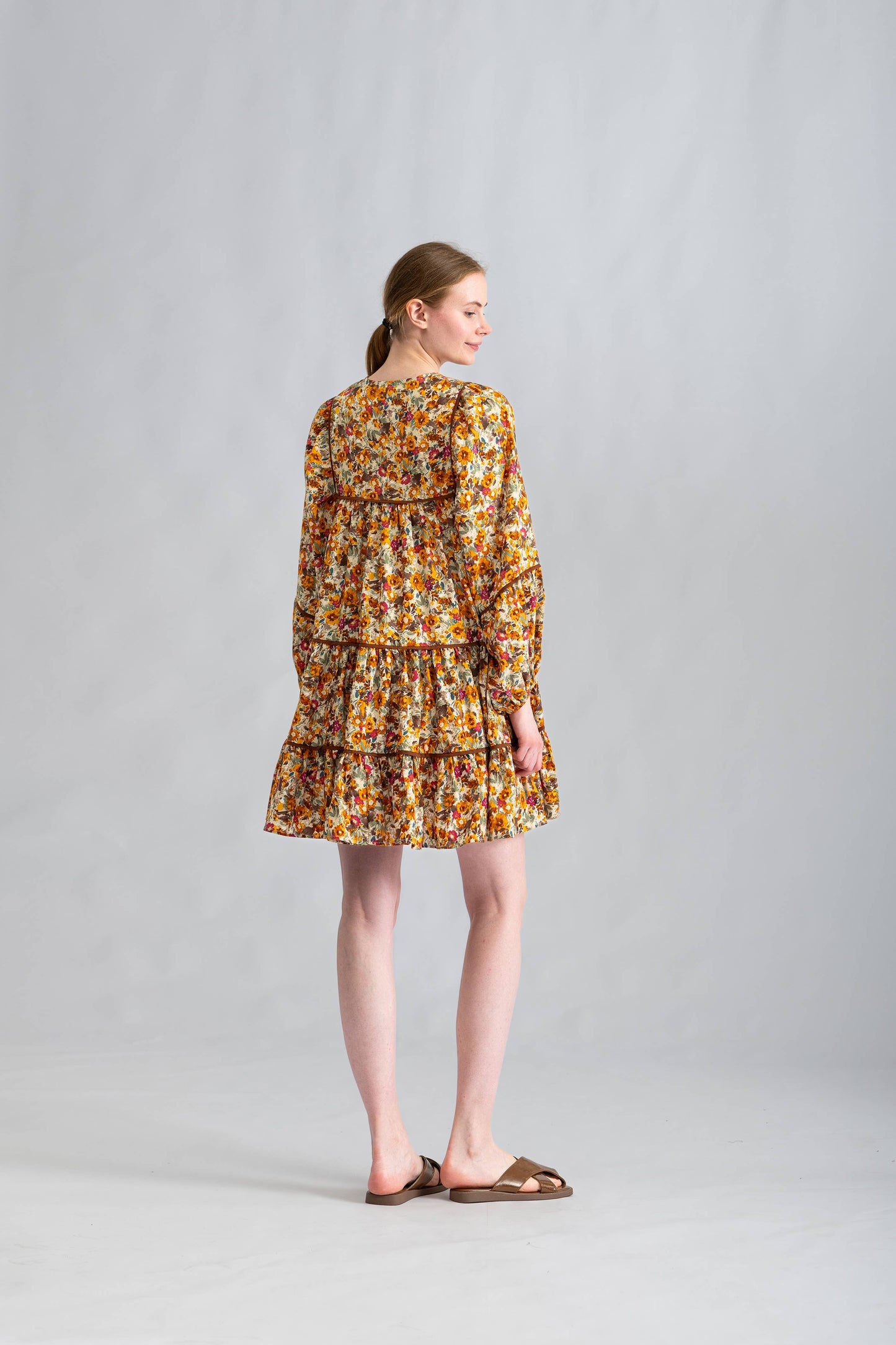 RUST FLORAL BALLOON SLEEVE DRESS