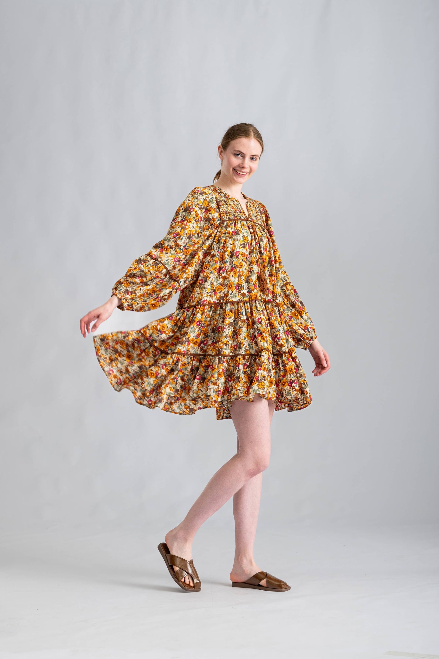 RUST FLORAL BALLOON SLEEVE DRESS