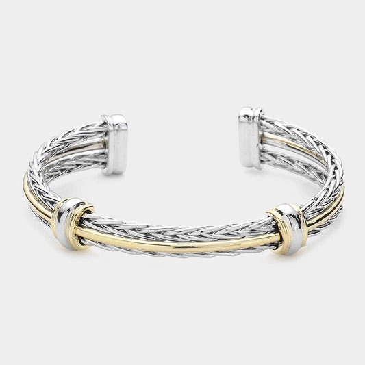 TWO TONE BRAIDED METAL CUFF BRACELET
