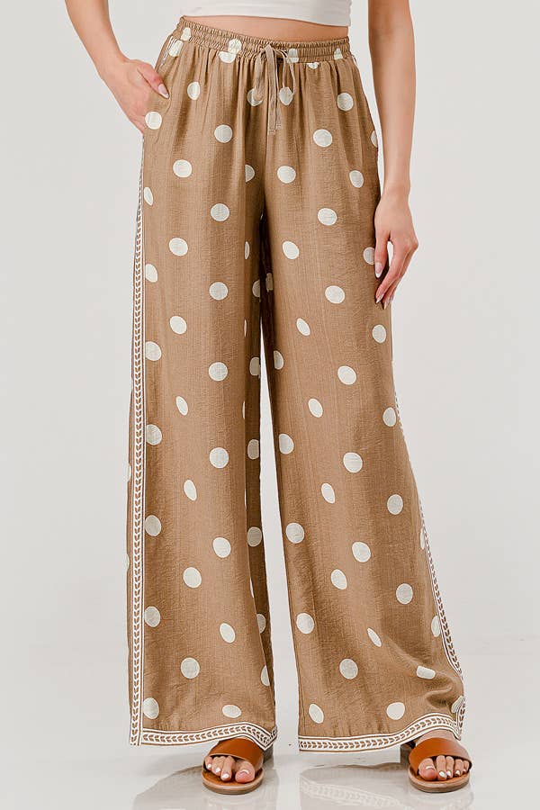 DRAWSTRING POLKA DOT PANT: TAUPE