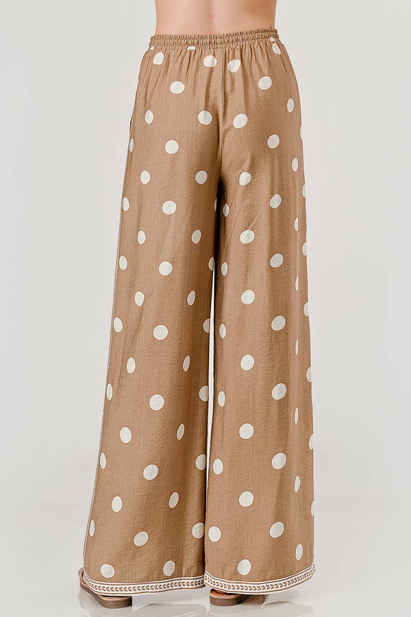 DRAWSTRING POLKA DOT PANT: TAUPE