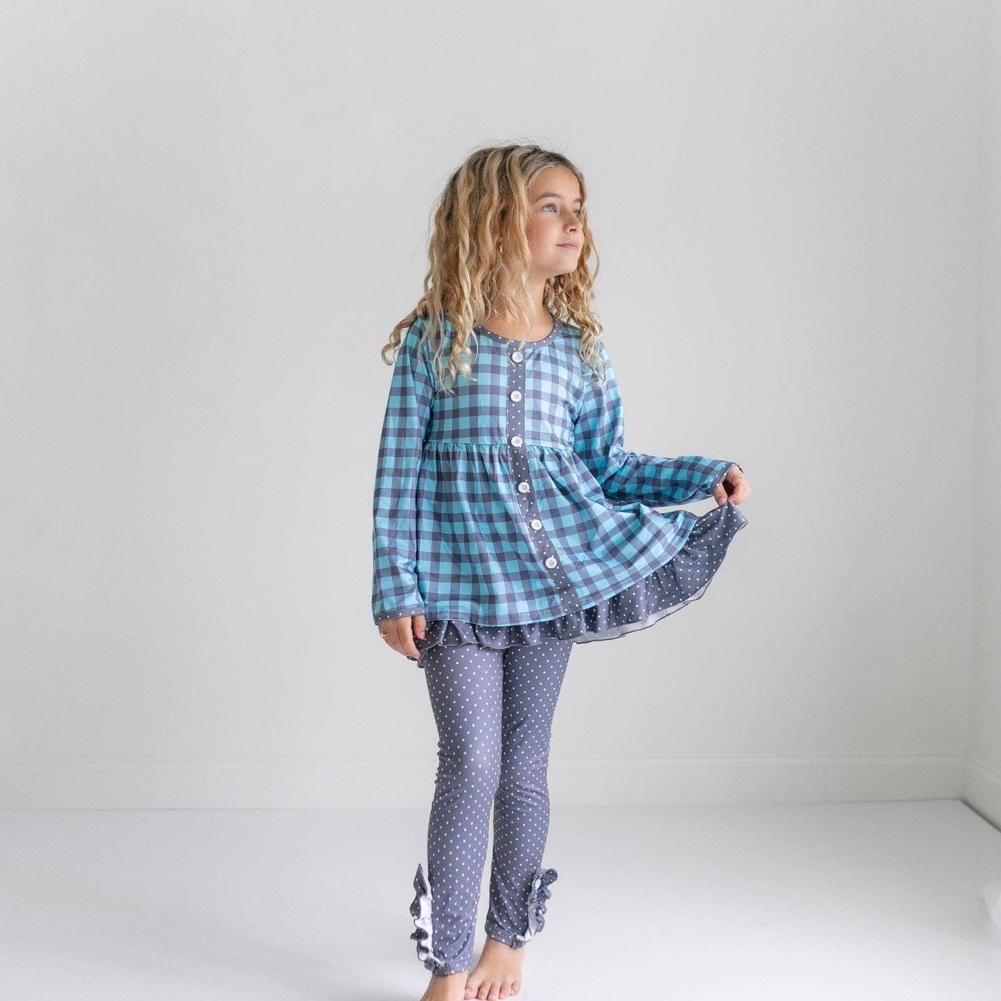 GIRLS DUSTY BLUE GINGHAM SET