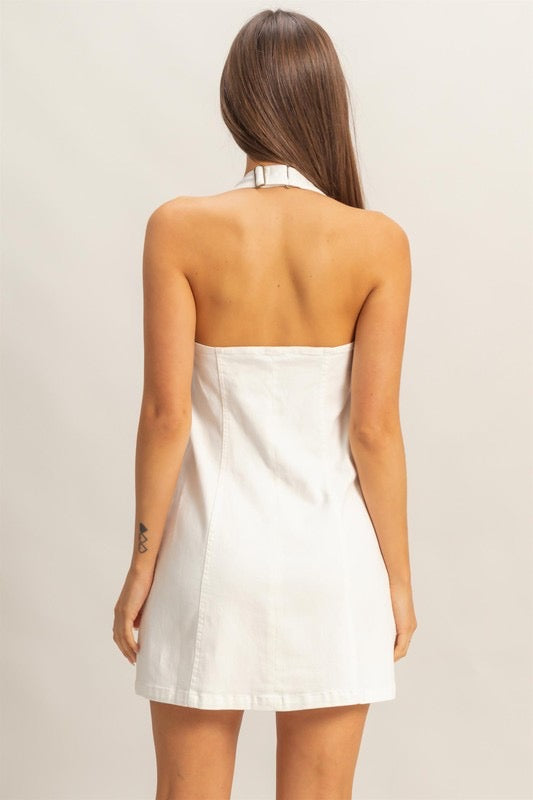ZIP HALTER DRESS: WHITE DENIM